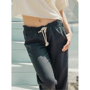 Linen Blend Black Drawstring Pants